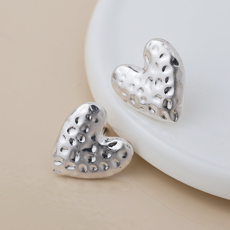 Silver Worn Hammered Heart Earrings