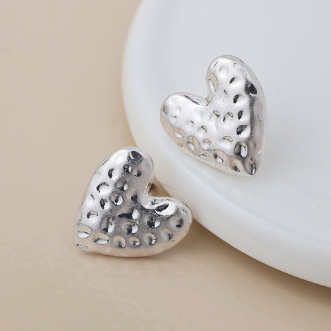 Silver Worn Hammered Heart Earrings