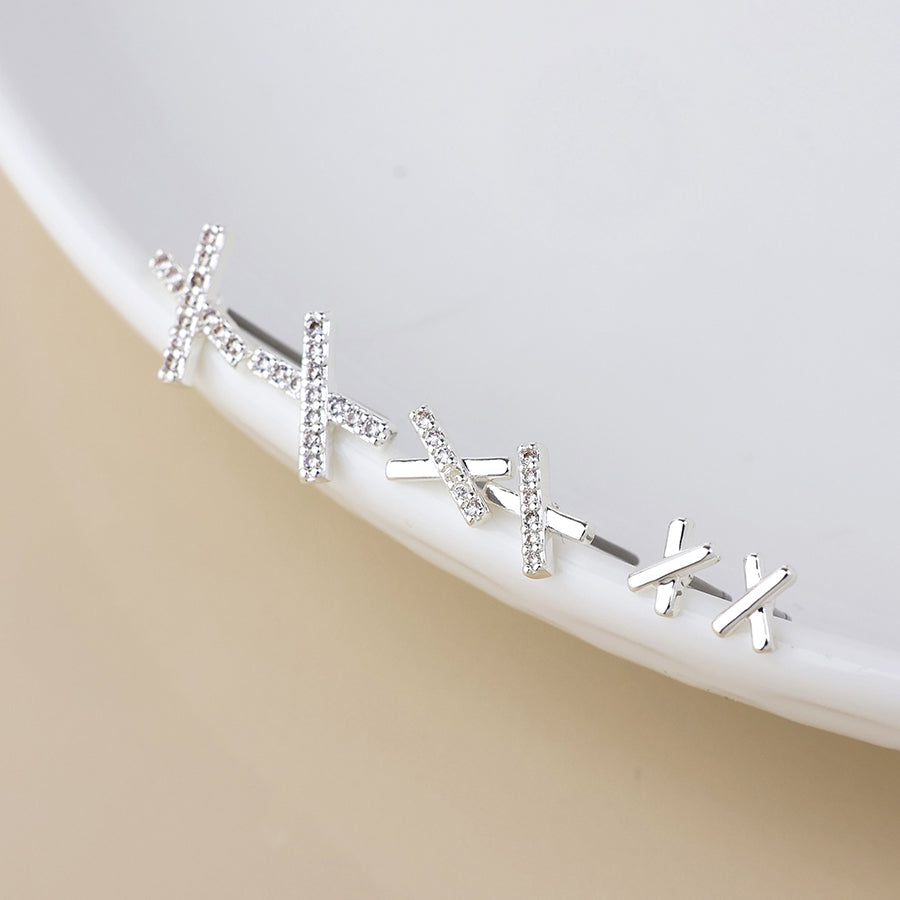 Silver Crystal Triple X Stud Earrings