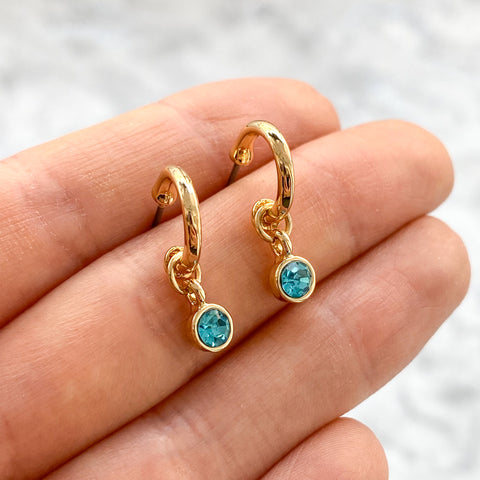 Mini Faux Gold Hoop Earrings With Round Topaz Crystal Drop