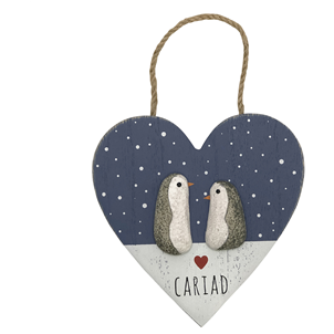 Welsh Cariad Penguins Pebble Heart Sign